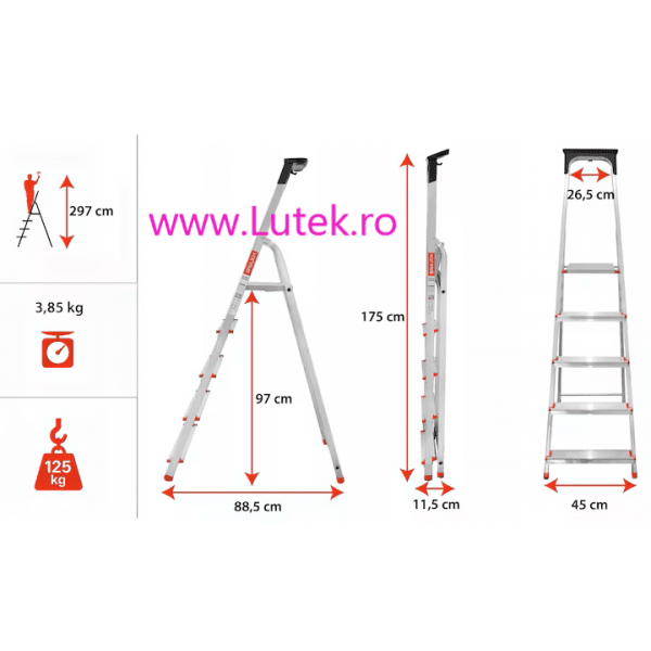 Scara din aluminiu, pliabila, cu 5 trepte sprijin propriu, inaltime fixa (SAL-5T-3M), www.lutek.ro